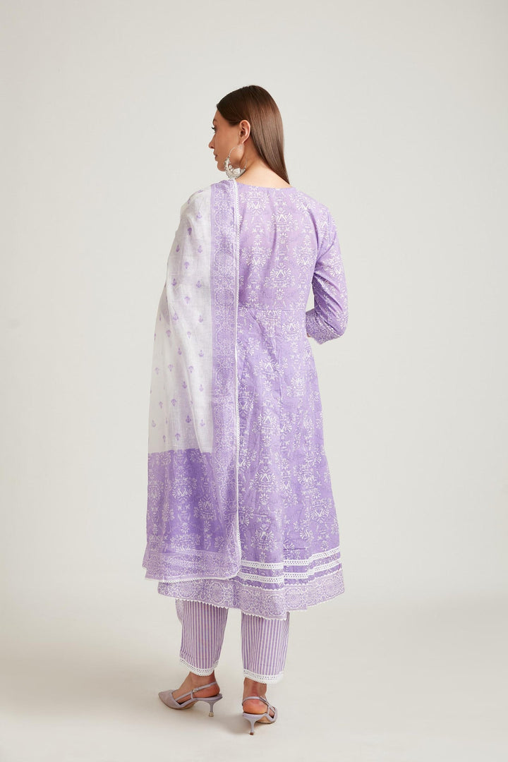 Neerus Purple cotton printed kurta set salwar kameez - detail view 1