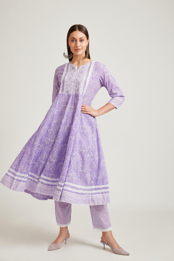 Neerus Purple cotton printed kurta set salwar kameez - detail view 2