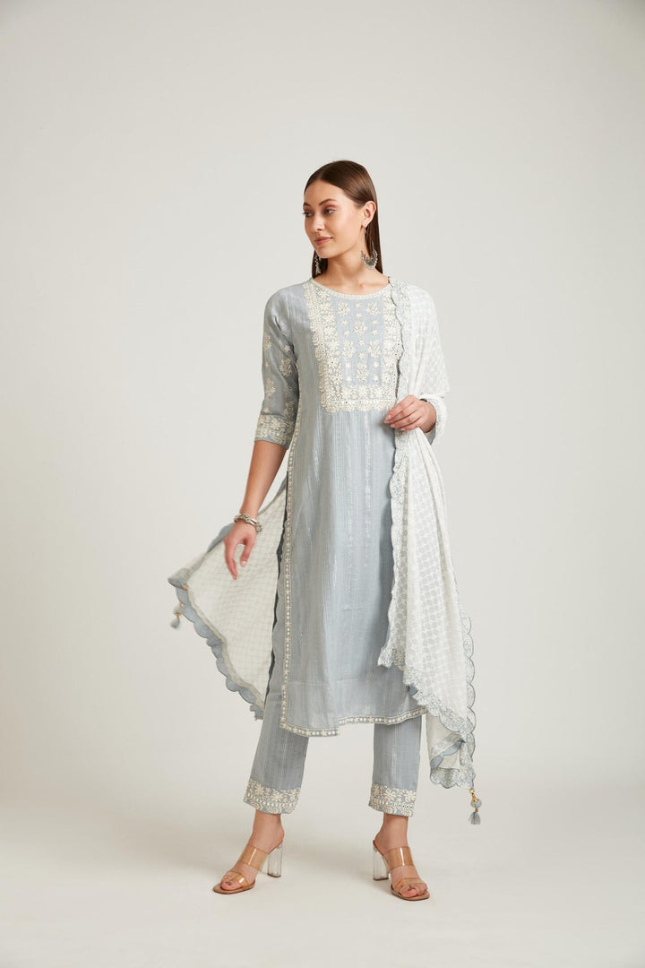 Neerus Grey cotton straight kurta set salwar kameez - front view