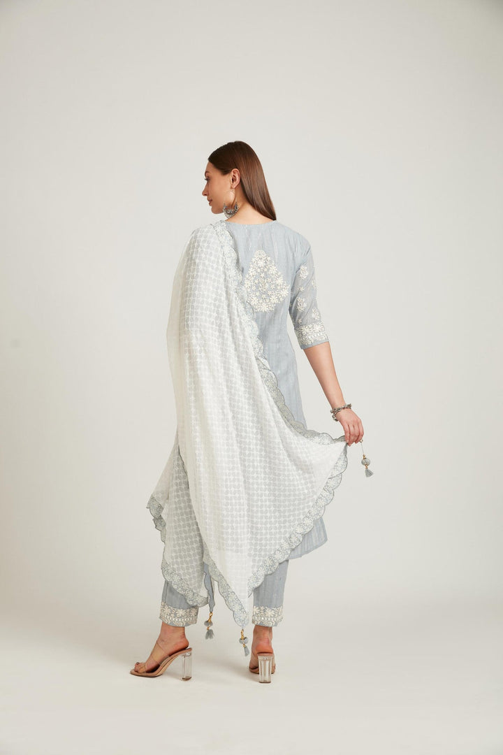 Neerus Grey cotton straight kurta set salwar kameez - side view