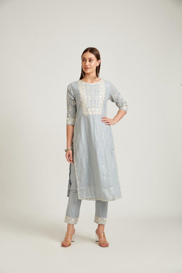 Neerus Grey cotton straight kurta set salwar kameez - detail view 1