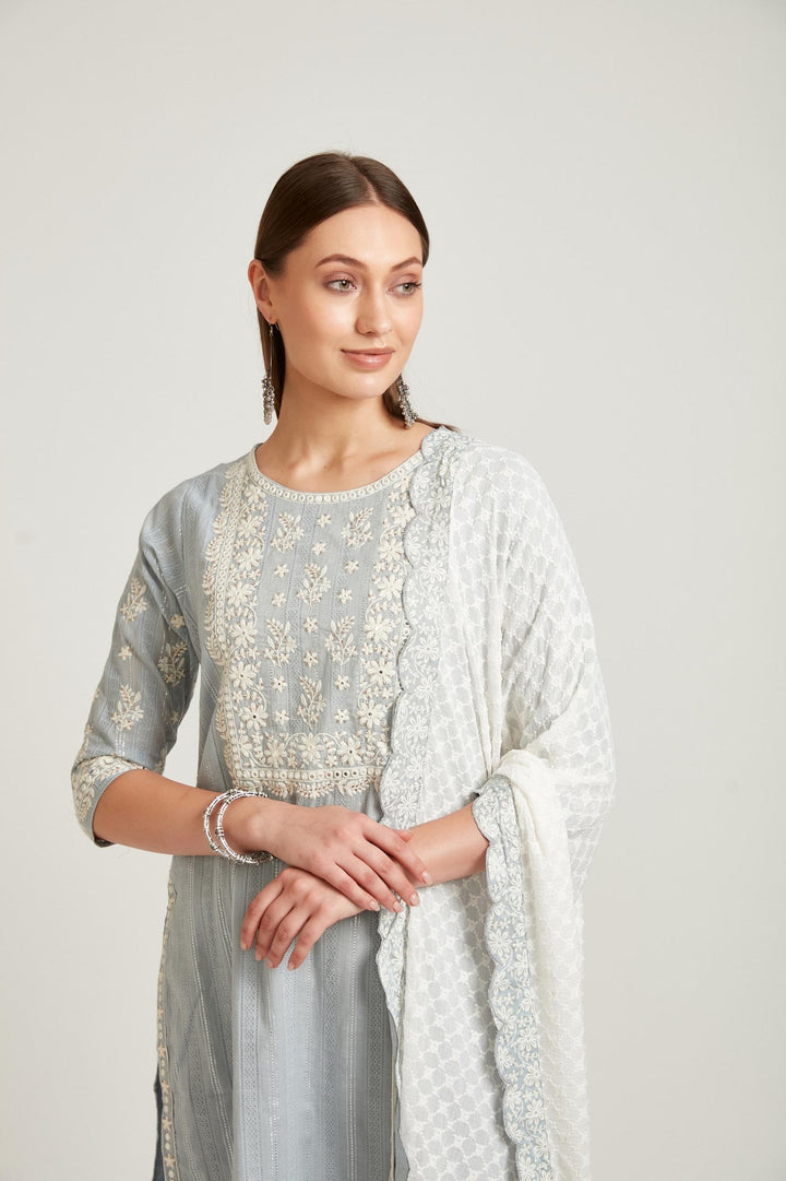 Neerus Grey cotton straight kurta set salwar kameez - detail view 3