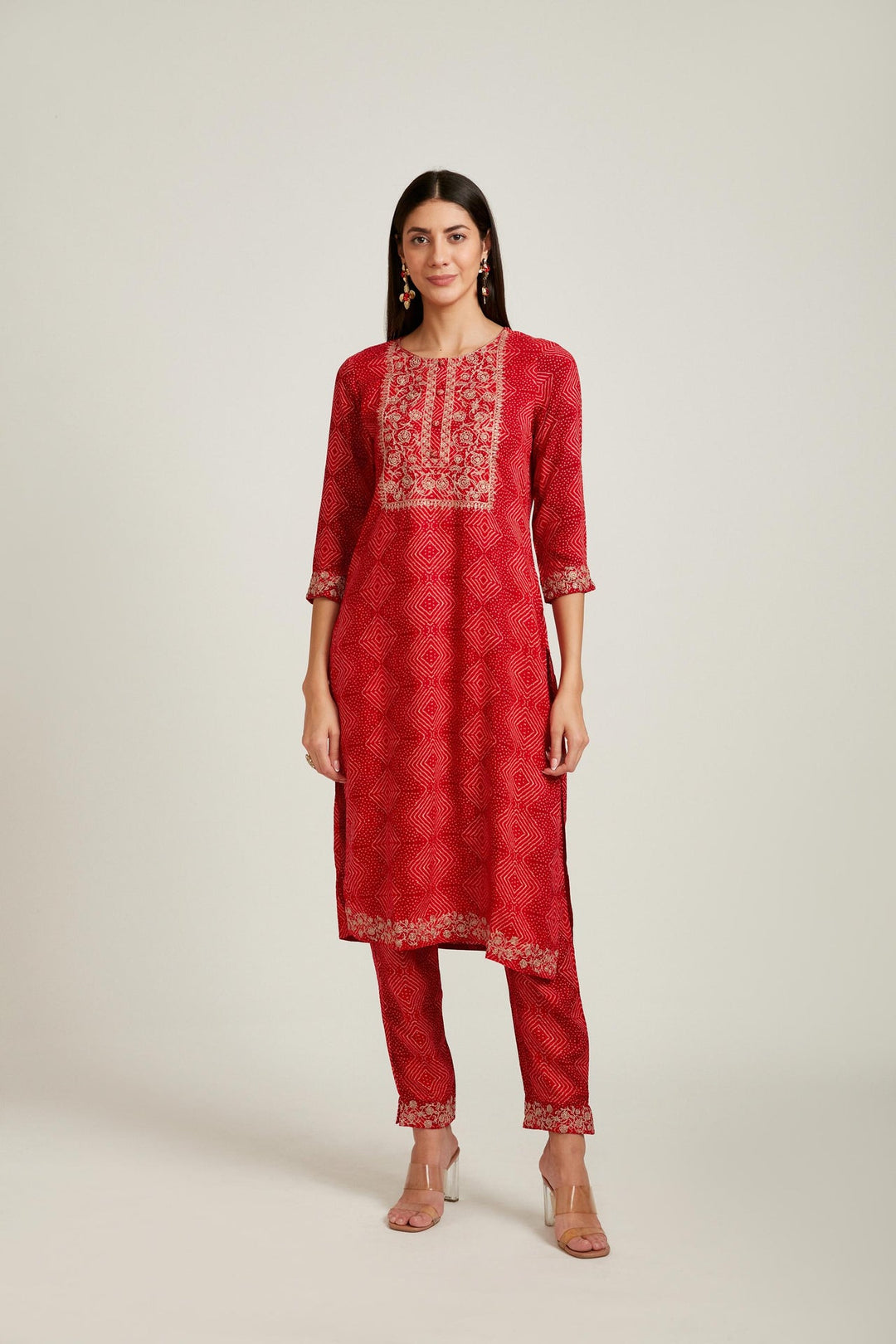 Neerus Red rayon printed kurta set salwar kameez - detail view 1