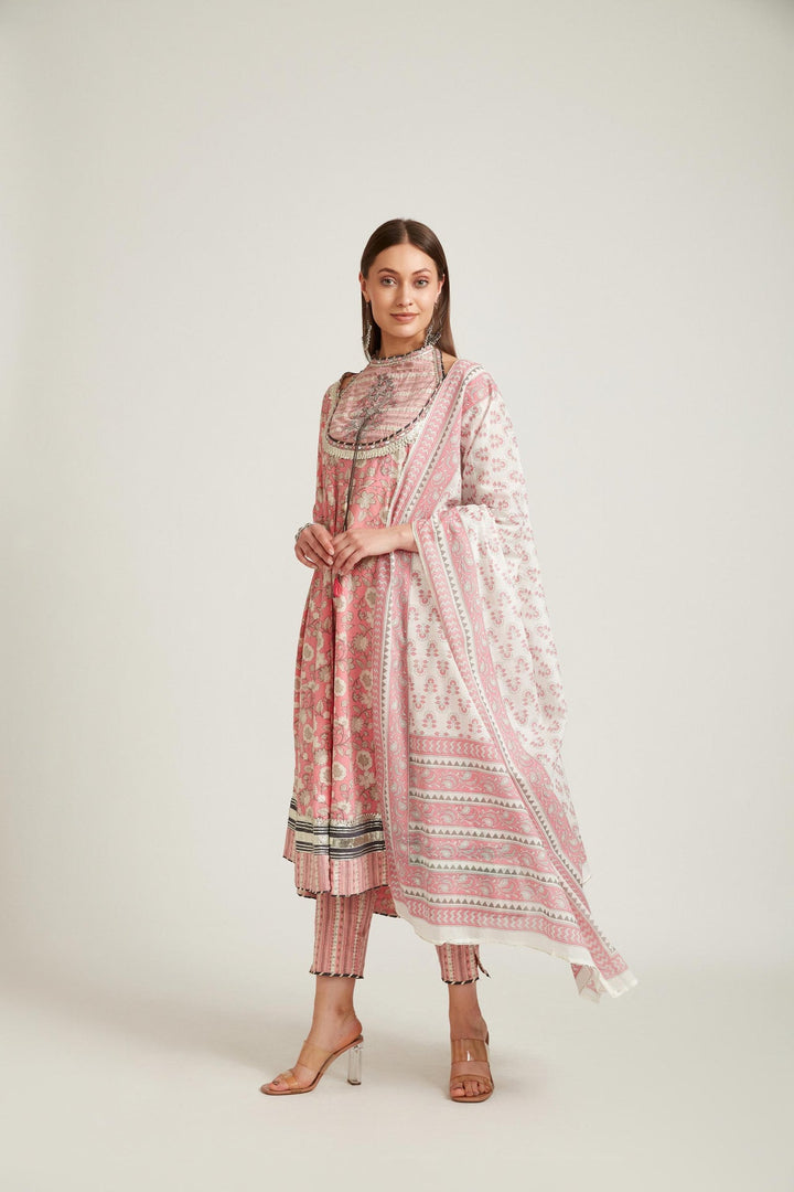 Neerus Pink cotton kurta set salwar kameez - front view