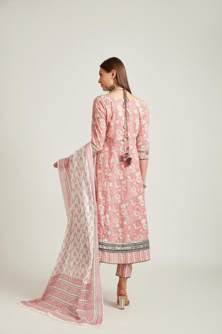 Neerus Pink cotton kurta set salwar kameez - back view