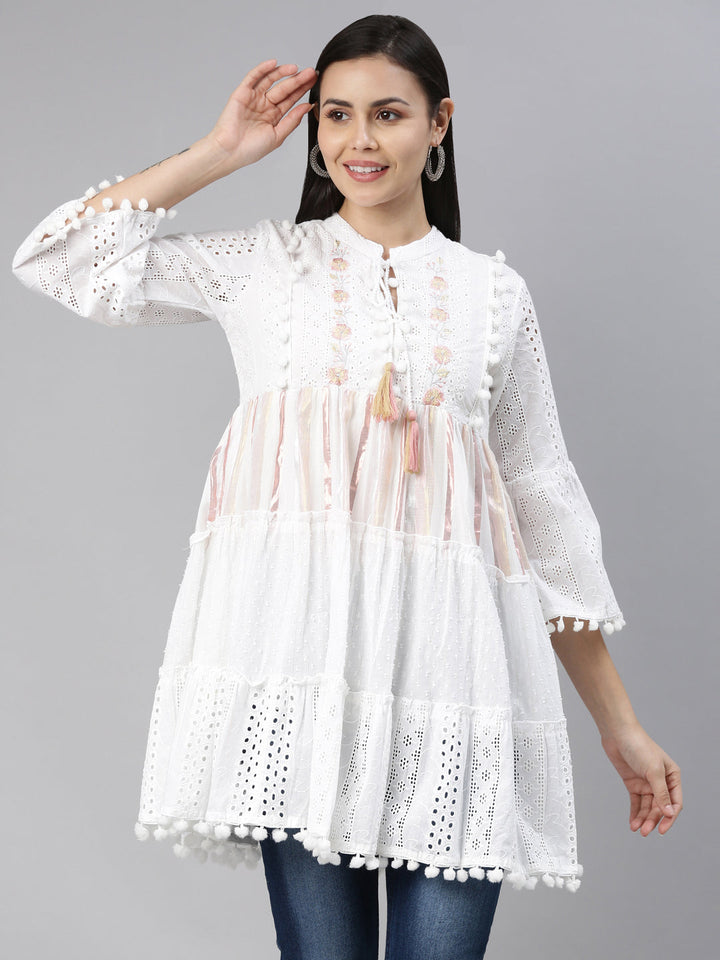 Neerus White cotton solid kurti - detail view 4