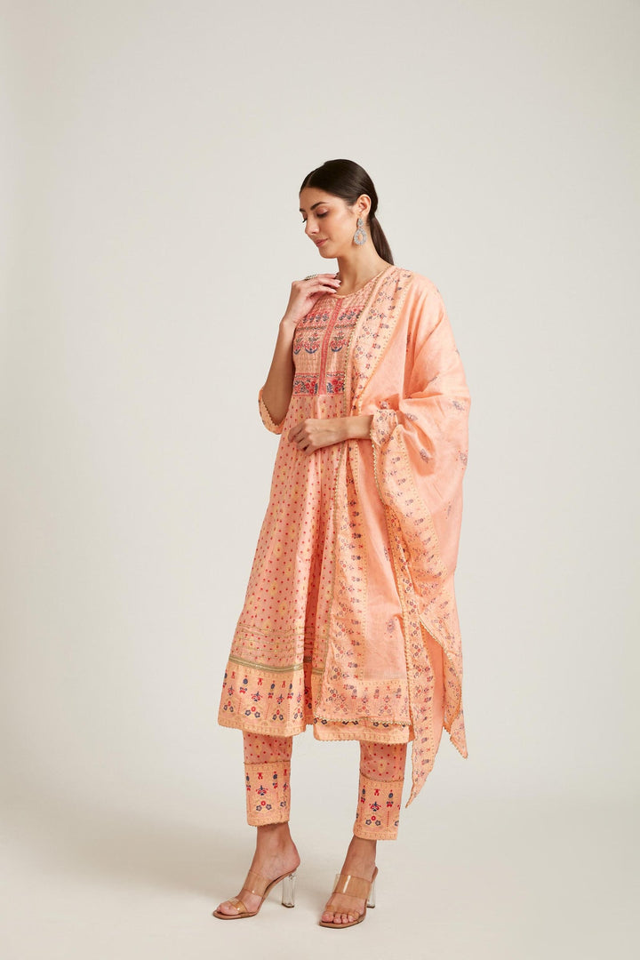 Neerus Orange cotton kurta set - front view