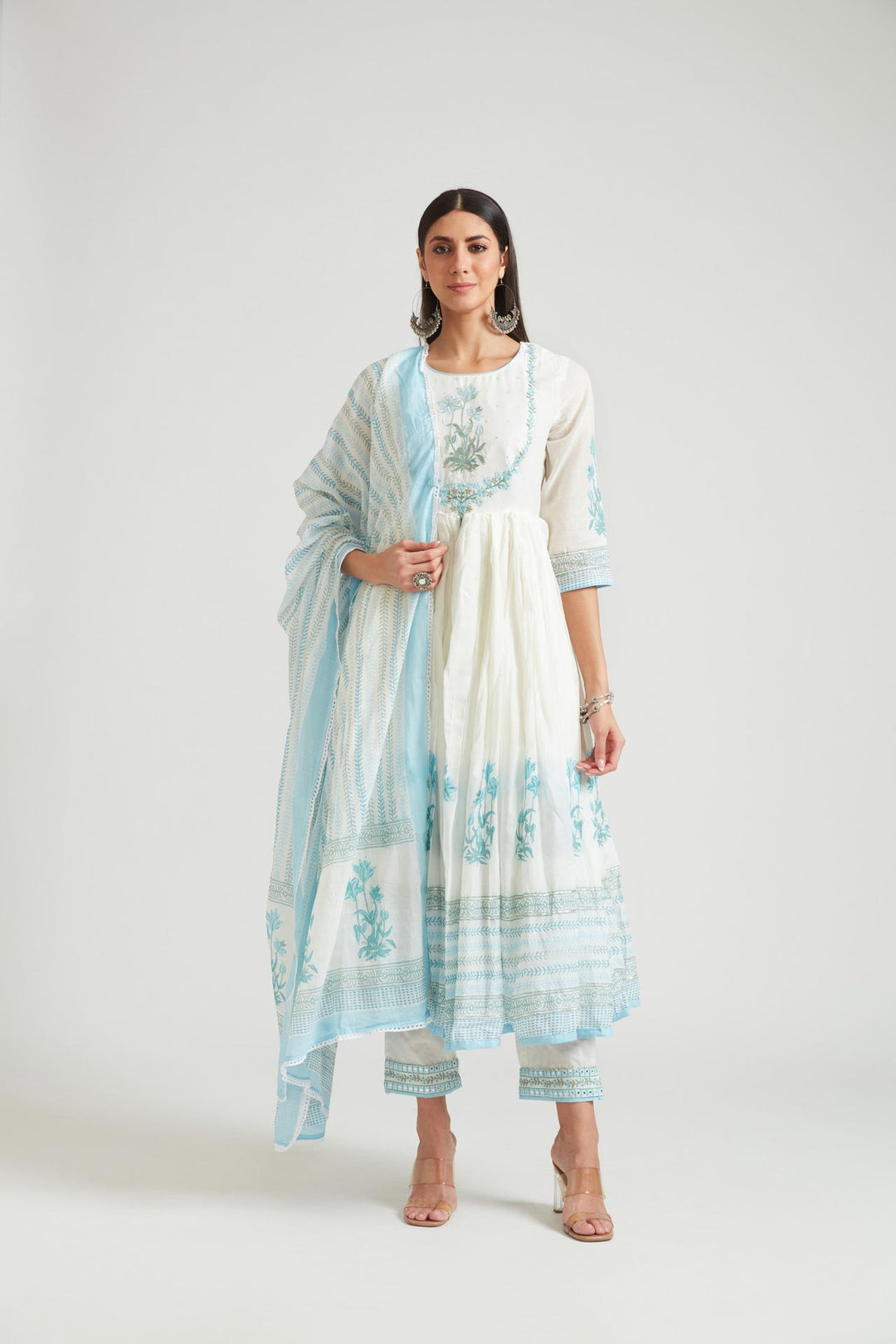 Neerus Blue Chanderi printed kurta set - detail view 1