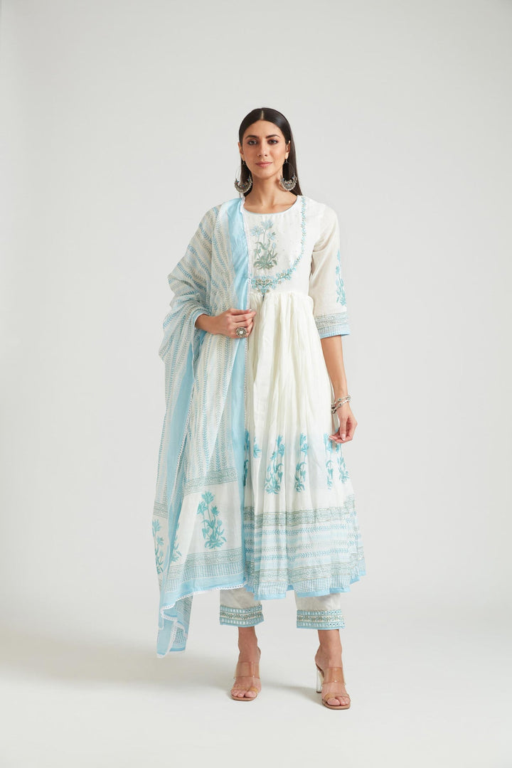 Neerus Blue Chanderi printed kurta set - detail view 1