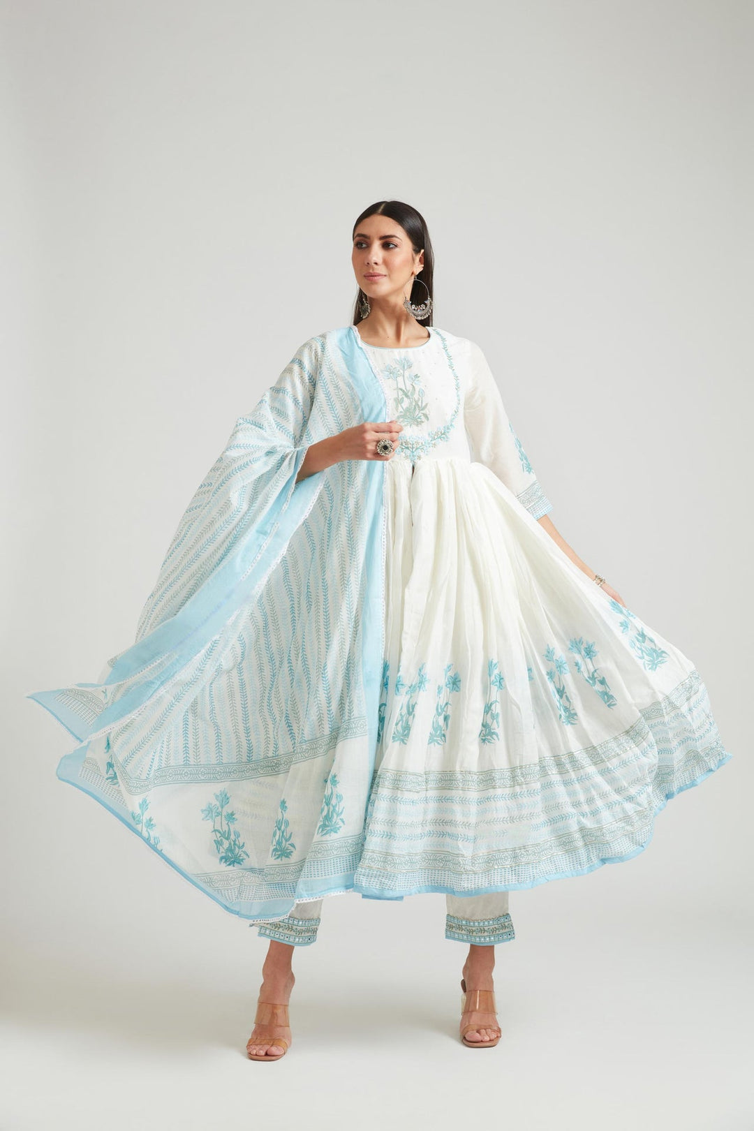 Neerus Blue Chanderi printed kurta set - detail view 2