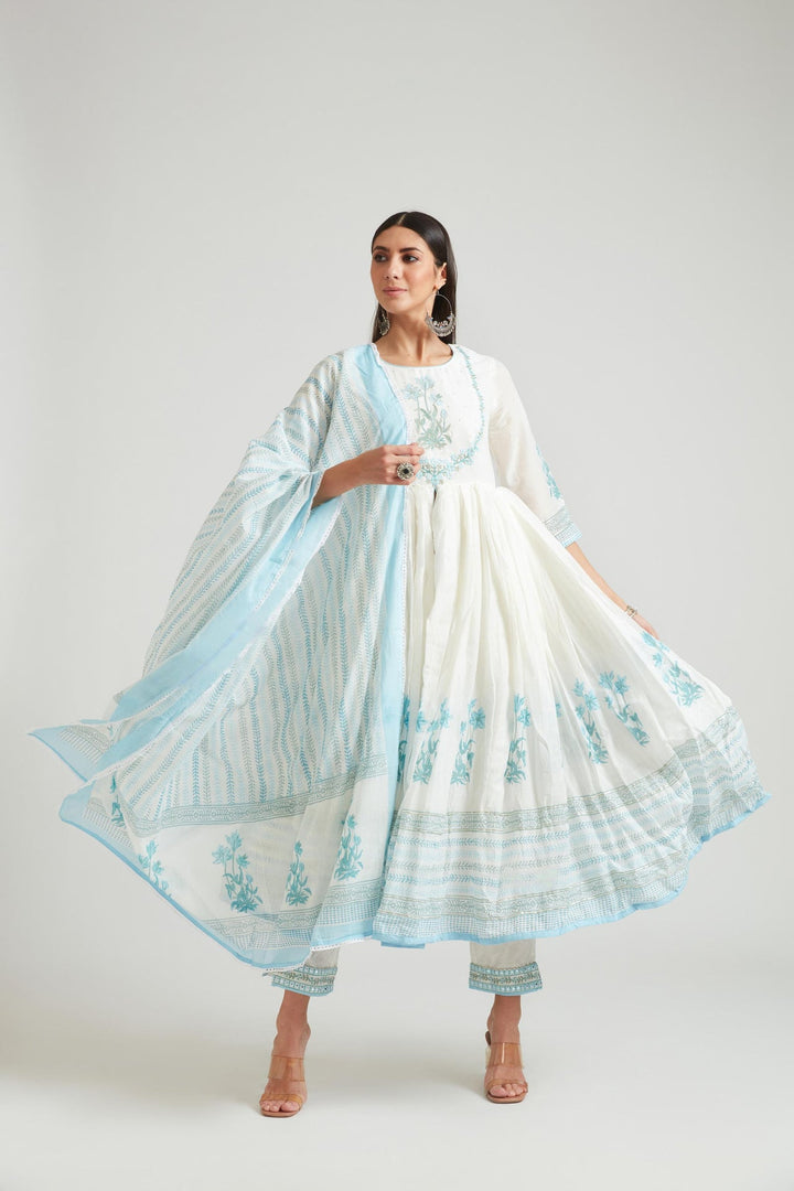 Neerus Blue Chanderi printed kurta set - detail view 2