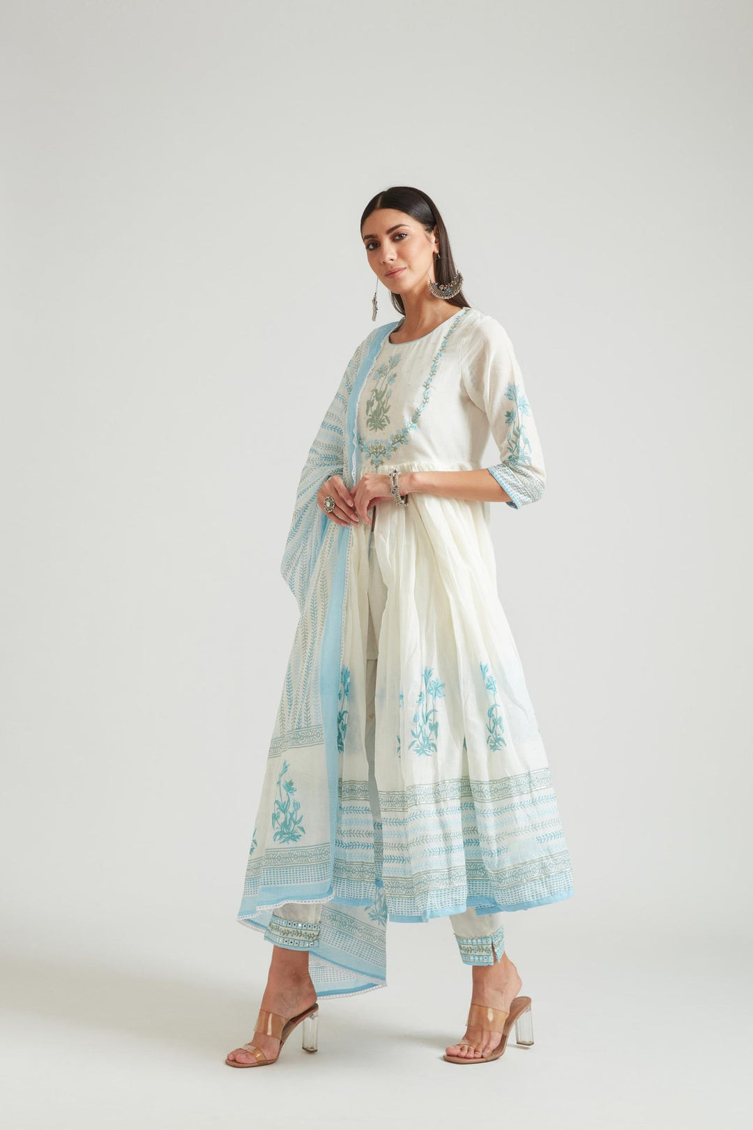 Neerus Blue Chanderi printed kurta set - detail view 3