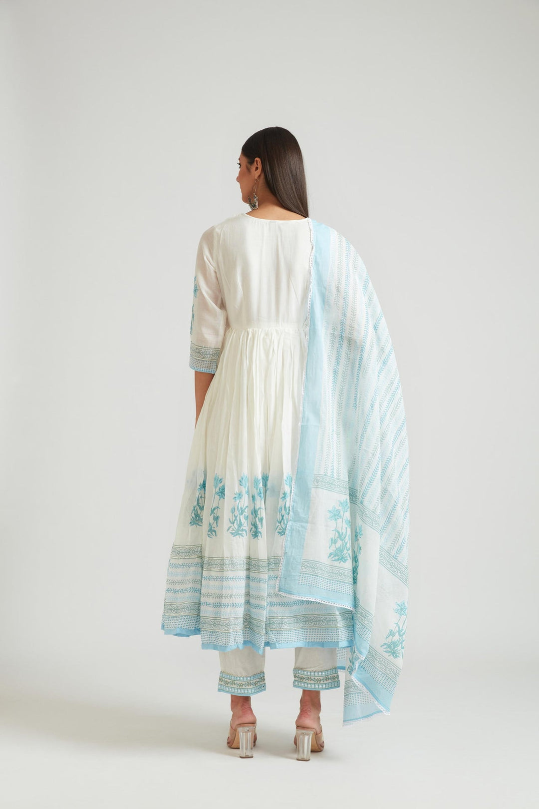 Neerus Blue Chanderi printed kurta set - detail view 4