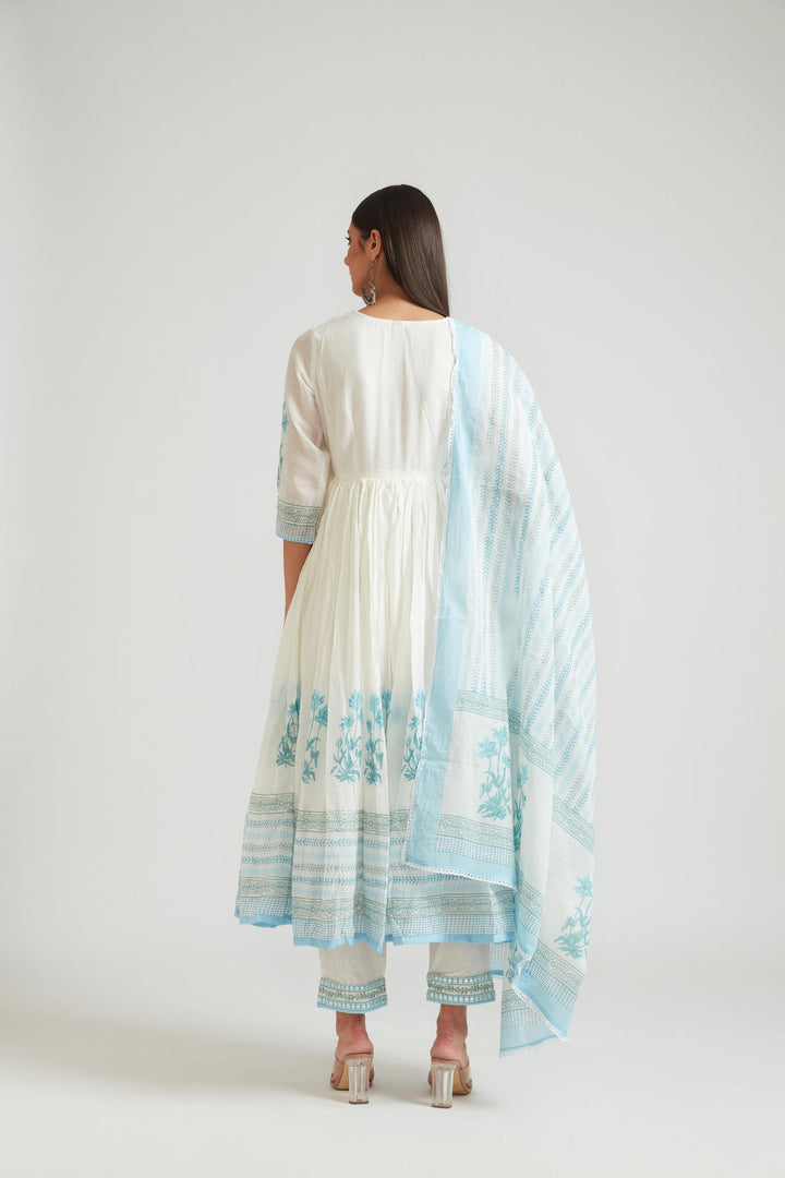 Neerus Blue Chanderi printed kurta set - detail view 4