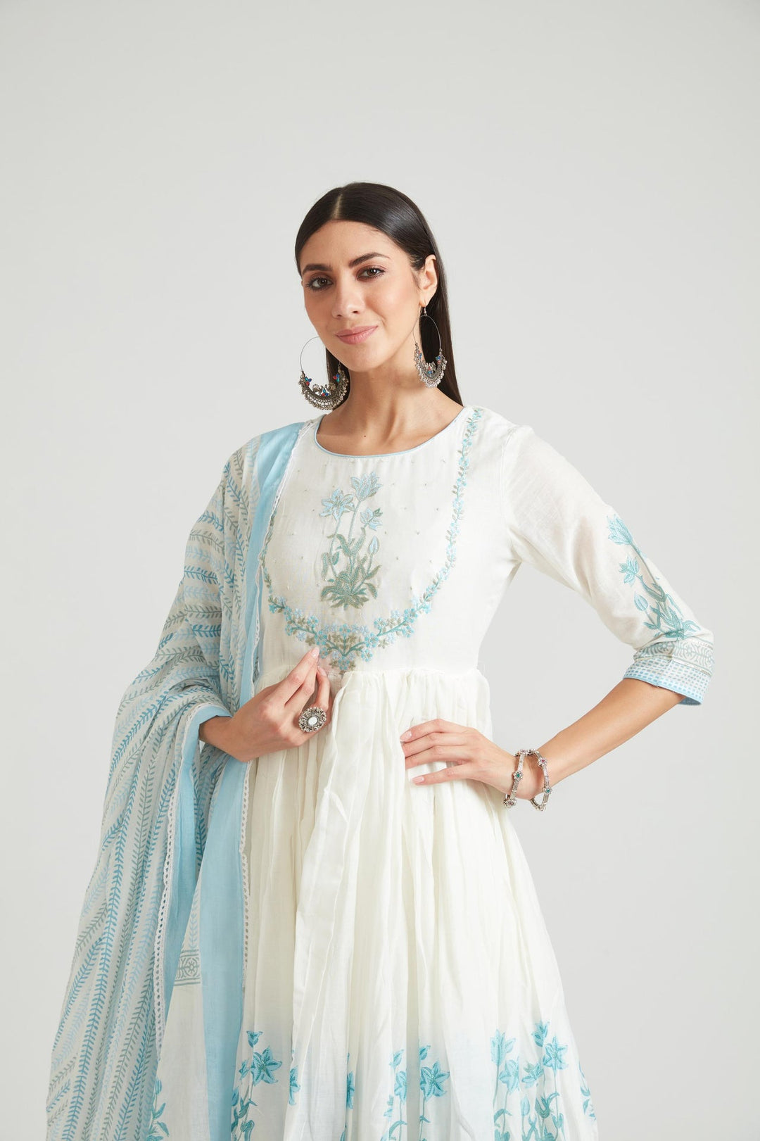 Neerus Blue Chanderi printed kurta set - detail view 5