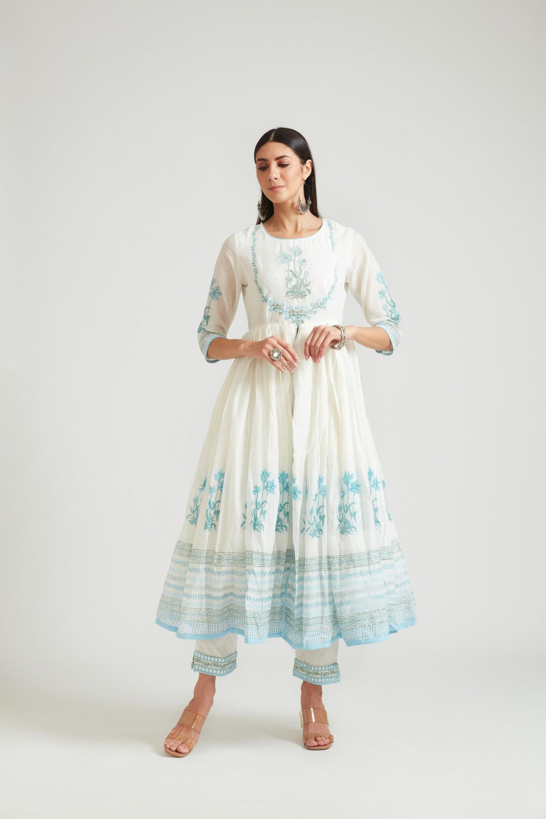 Neerus Blue Chanderi printed kurta set - front view