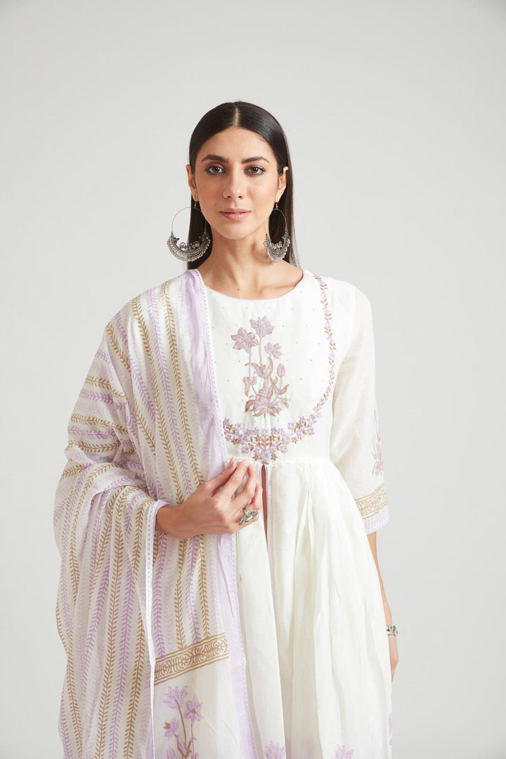 Neerus Purple Chanderi printed suit set - front view