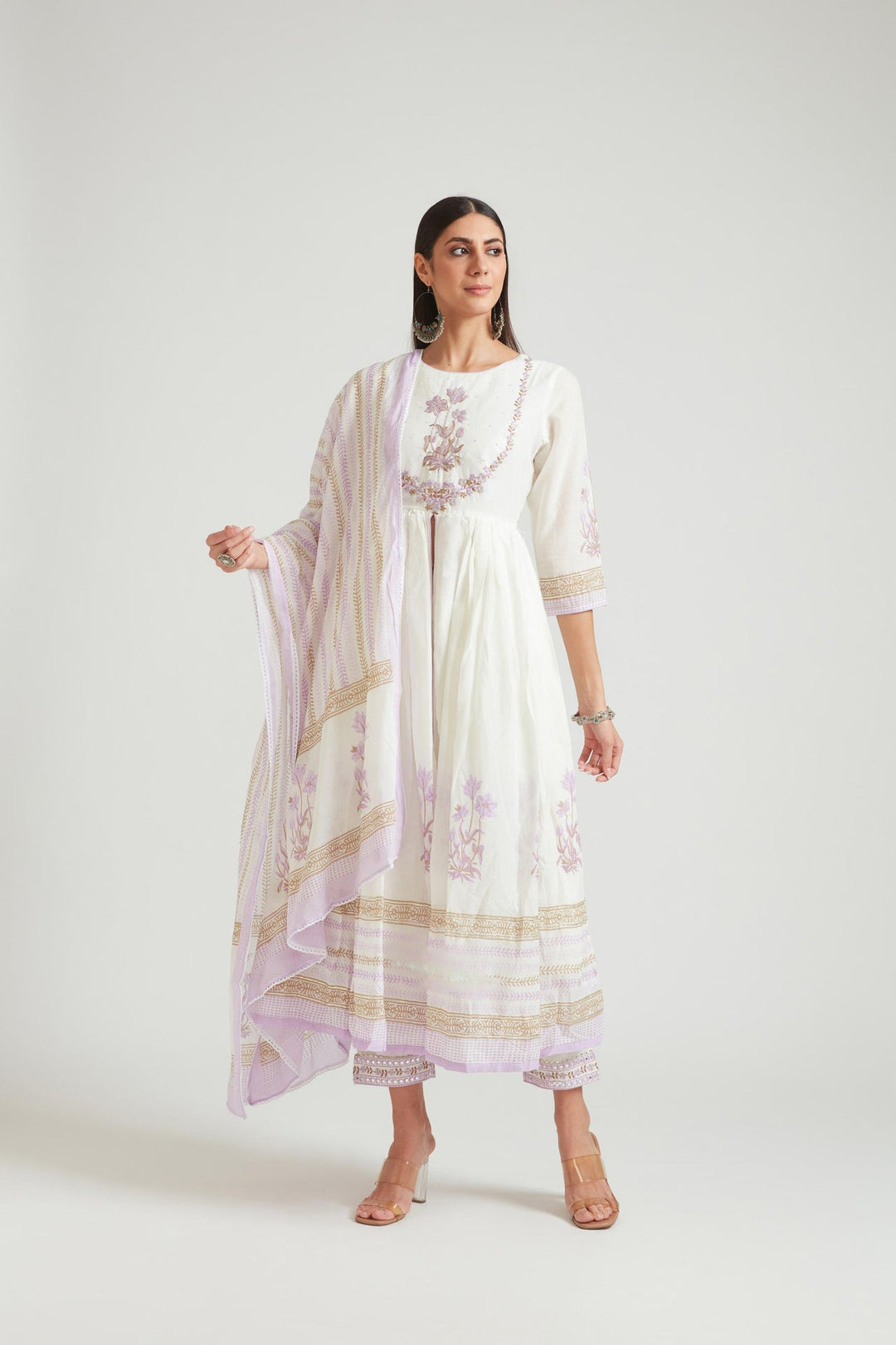 Neerus Purple Chanderi printed suit set - back view