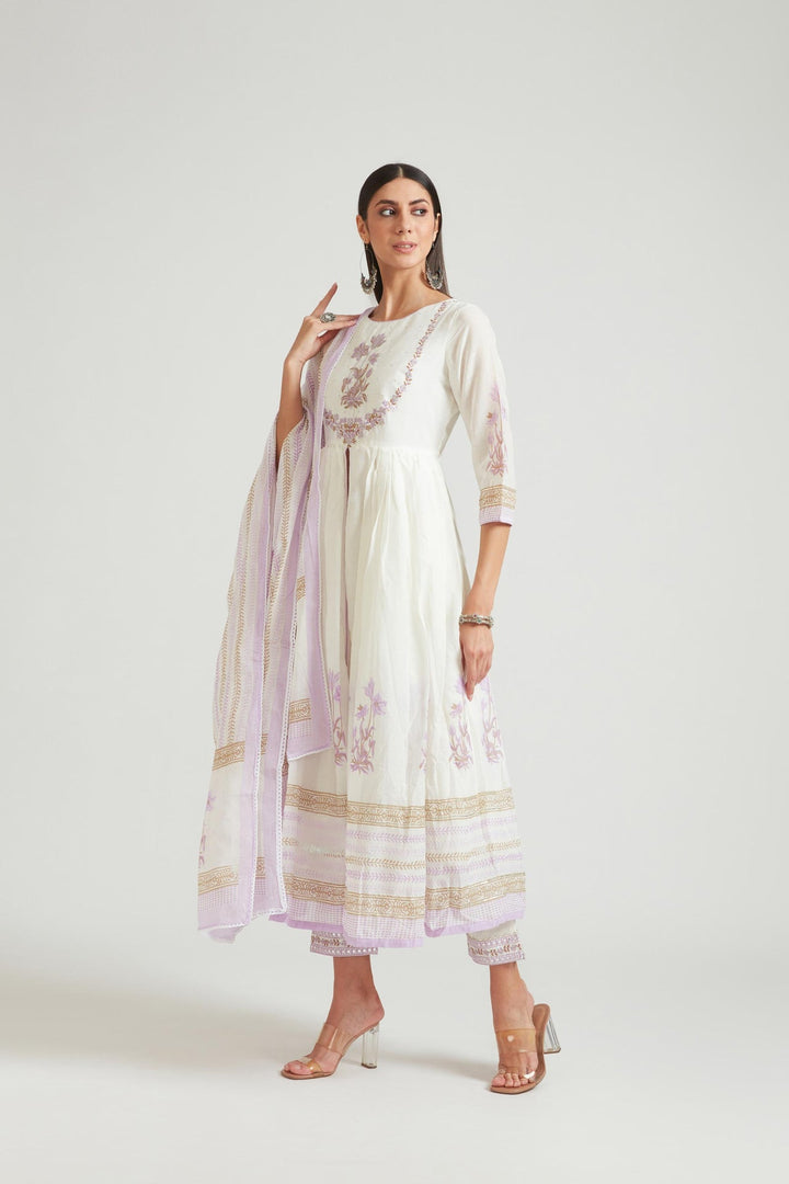 Neerus Purple Chanderi printed suit set - side view