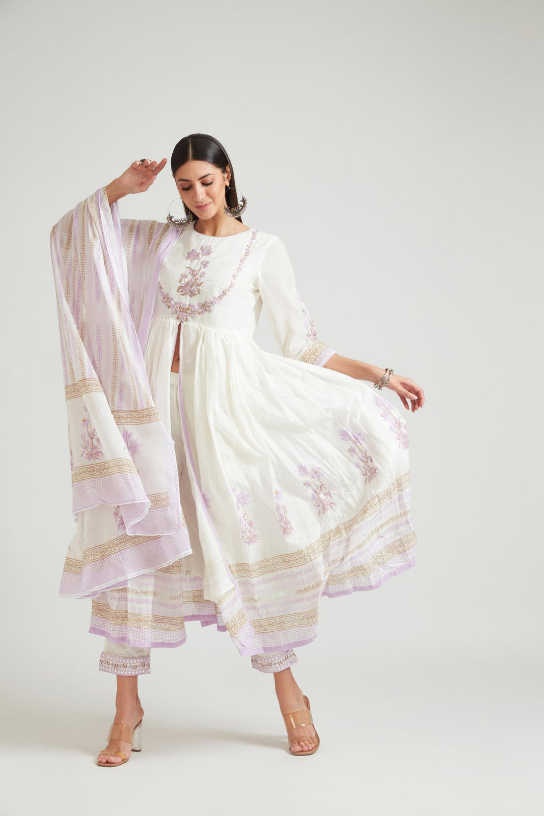 Neerus Purple Chanderi printed suit set - detail view 2
