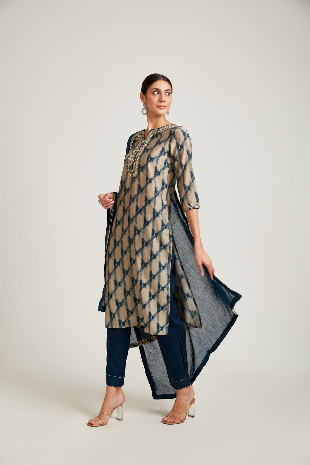 Neerus Blue modal printed kurta set - front view