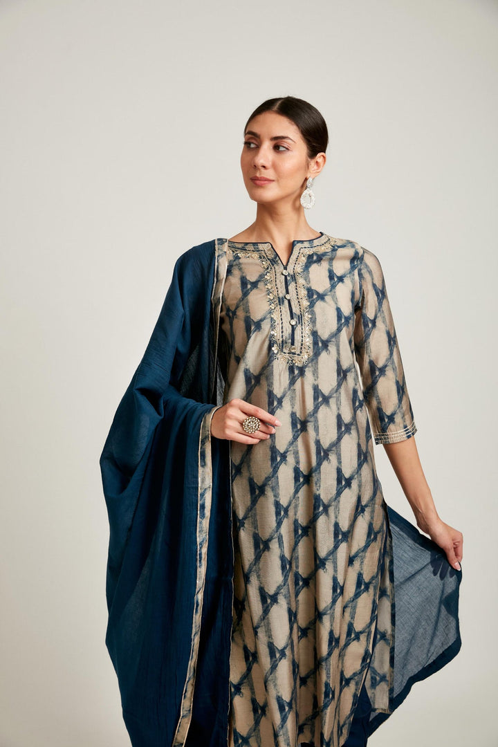 Neerus Blue modal printed kurta set - back view