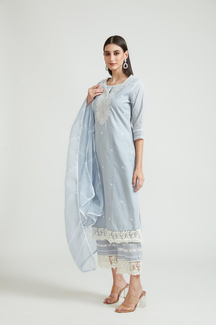 Neerus Grey cotton kurta set - front view