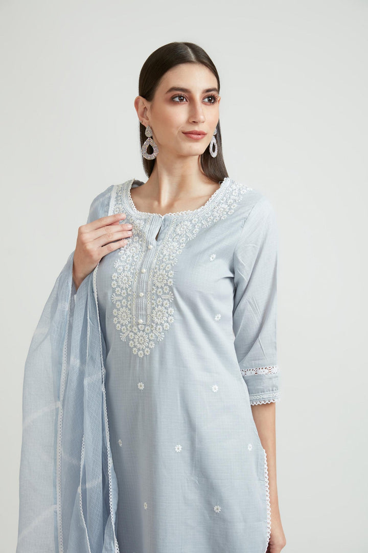 Neerus Grey cotton kurta set - back view