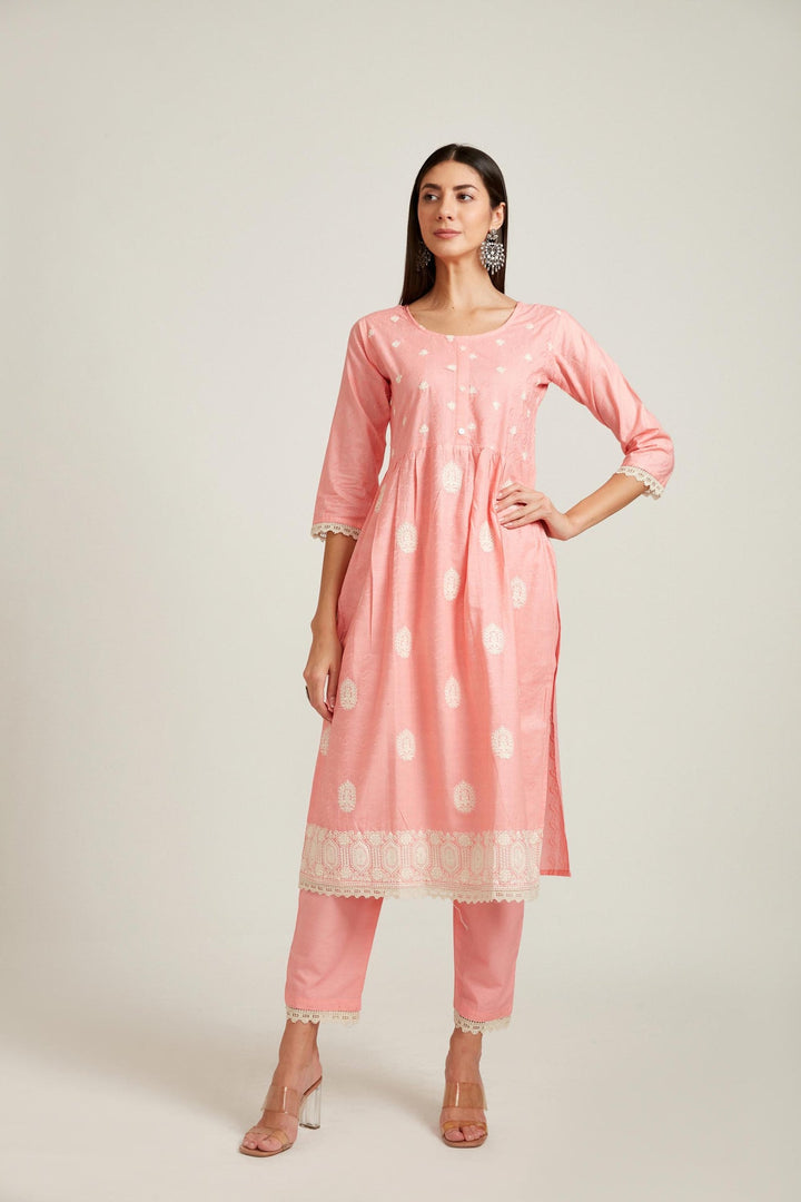 Neerus Pink cotton printed kurta set - detail view 1