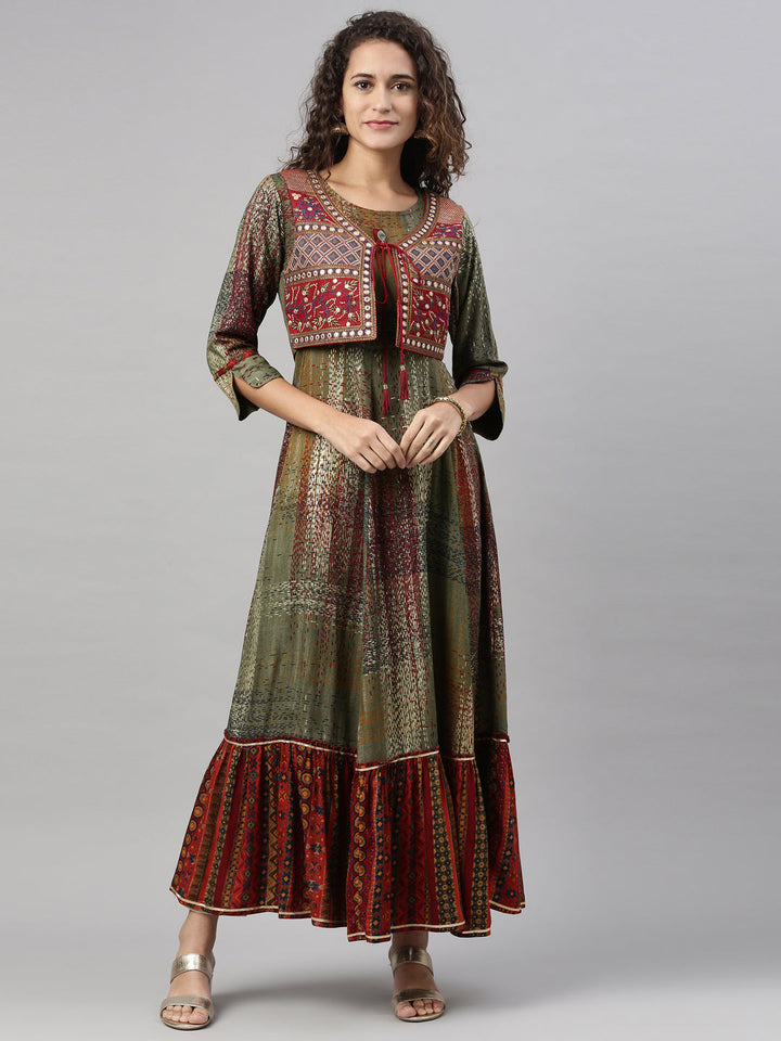 Neerus Green rayon printed kurti A-line flared - front view