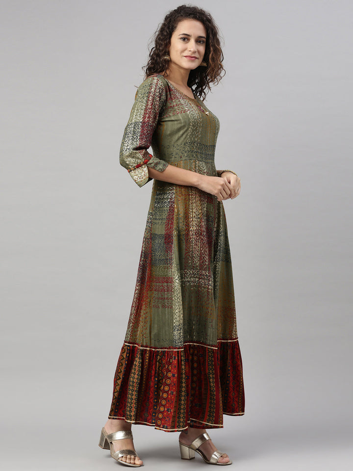 Neerus Green rayon printed kurti A-line flared - back view