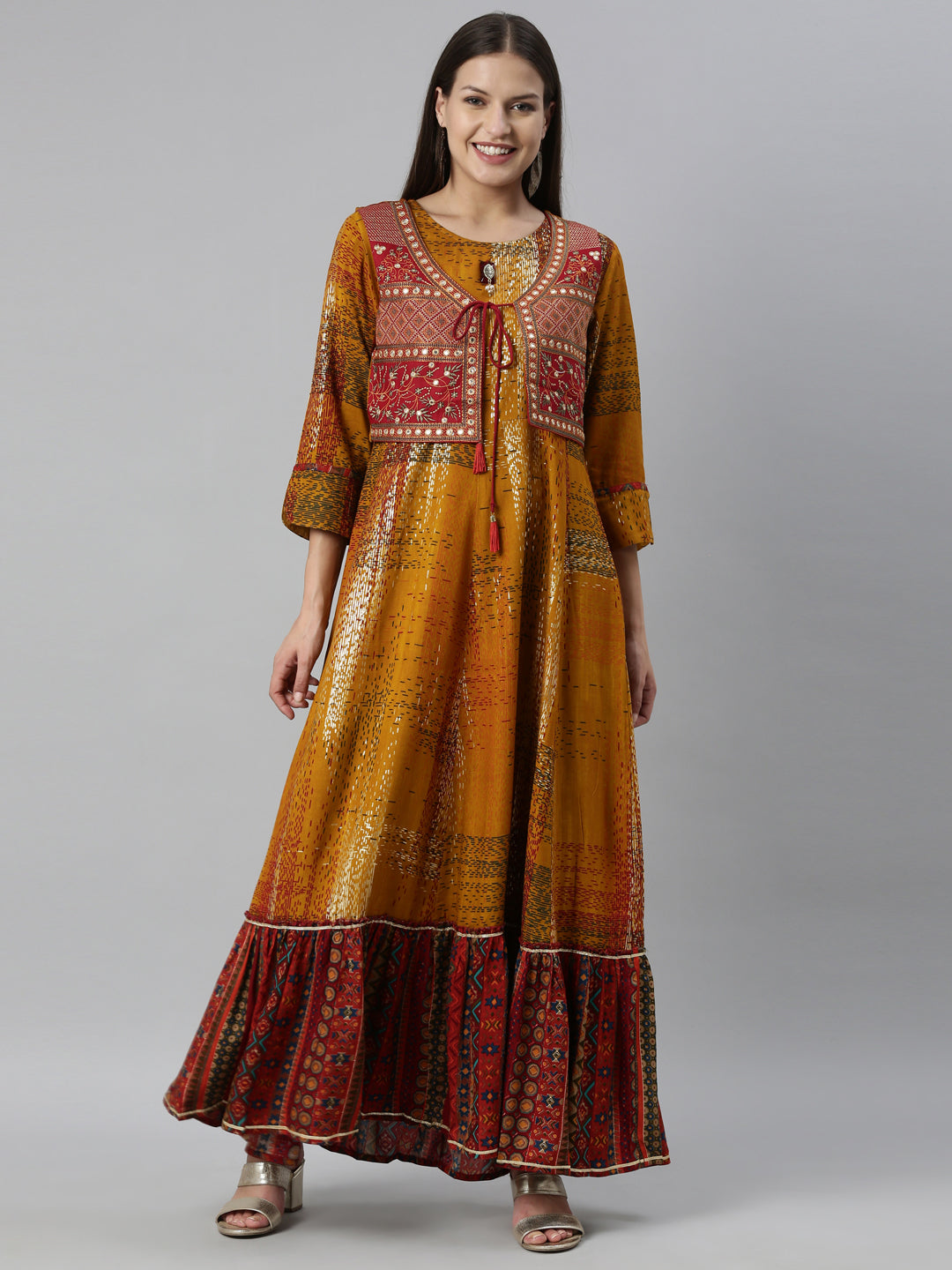 Neerus Yellow rayon straight kurta - detail view 6