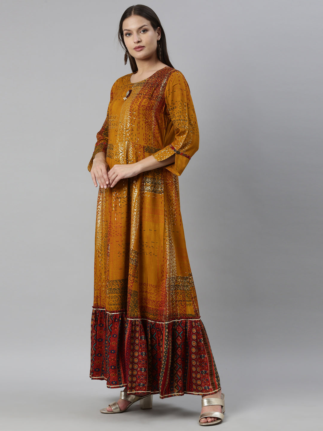 Neerus Yellow rayon straight kurta - side view