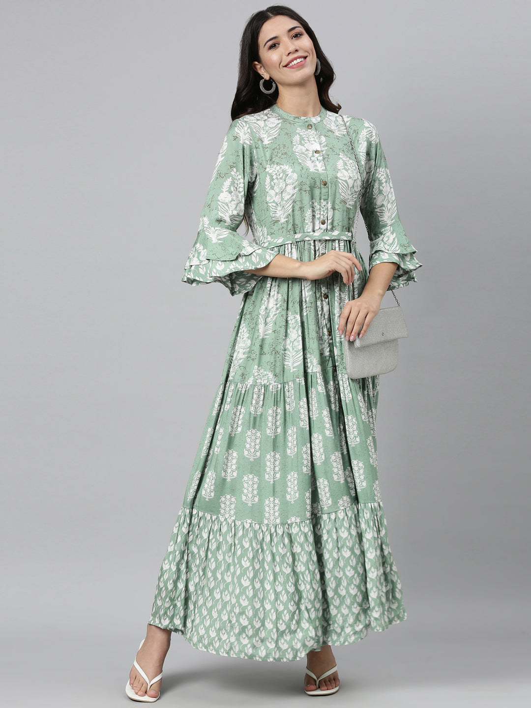 Neerus Green shantoon printed A-line kurti - detail view 1