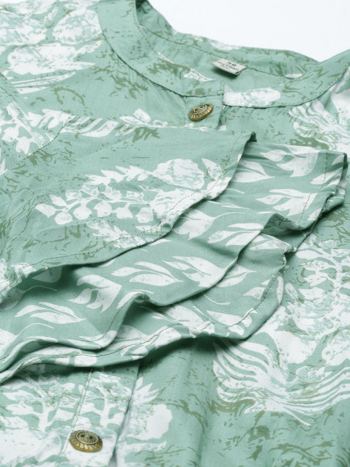 Neerus Green shantoon printed A-line kurti - detail view 4