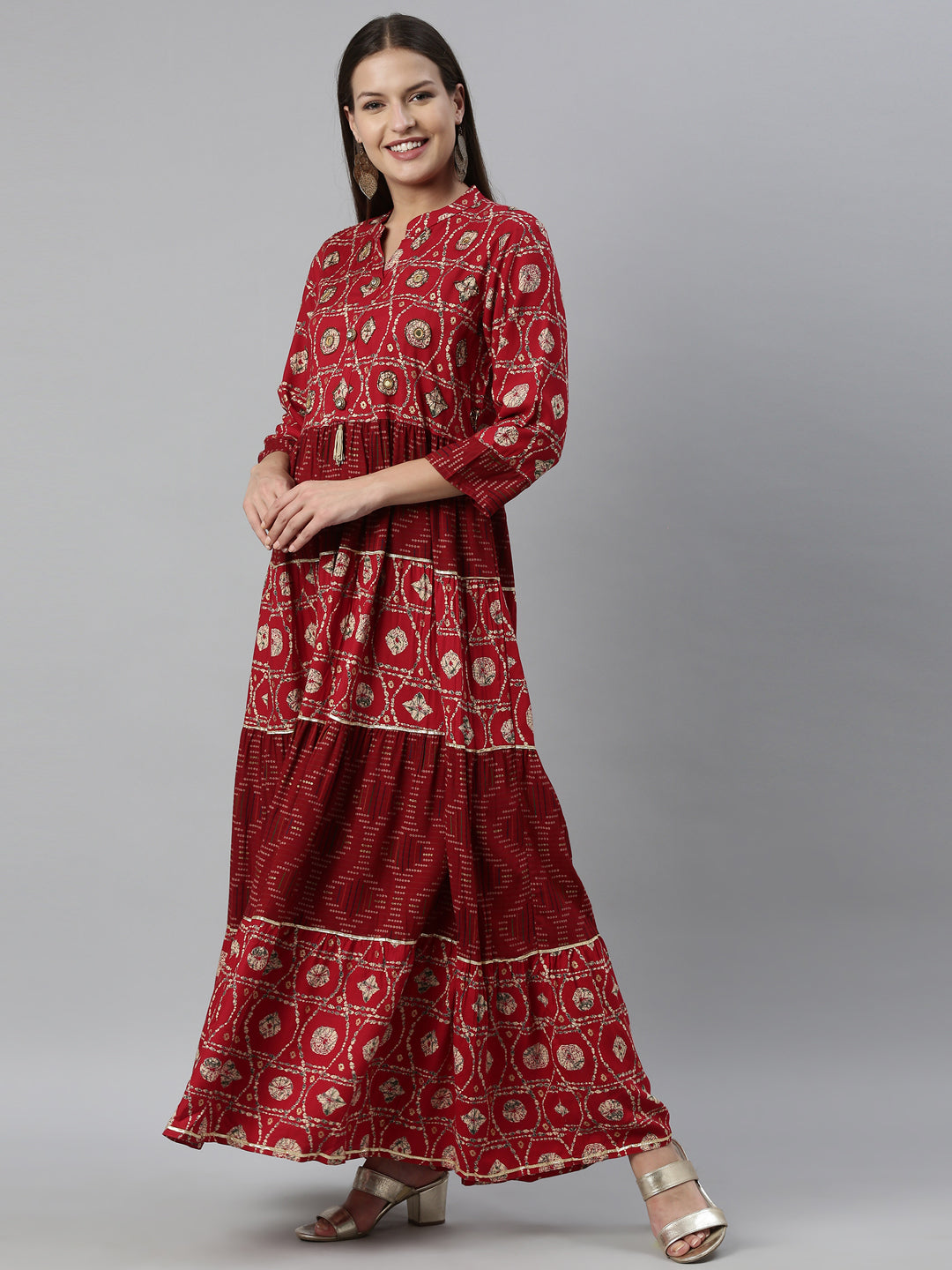 Neerus Maroon rayon solid gown - side view
