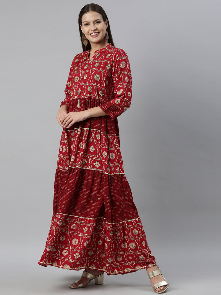 Neerus Maroon rayon solid gown - side view