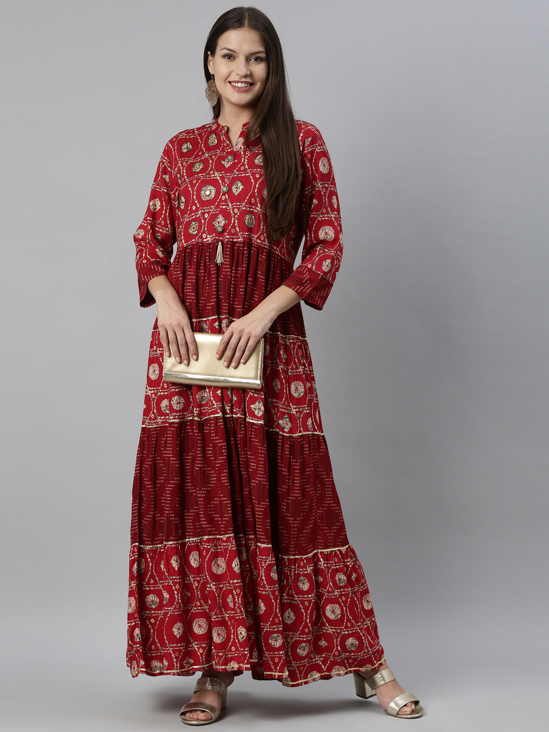 Neerus Maroon rayon solid gown - detail view 3