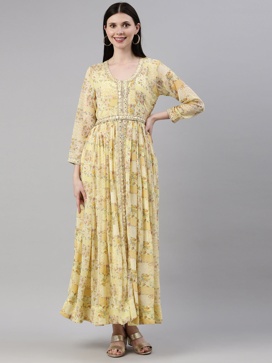 Neerus Yellow Georgette Gown - front view