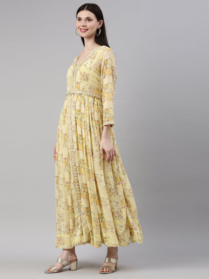 Neerus Yellow Georgette Gown - side view