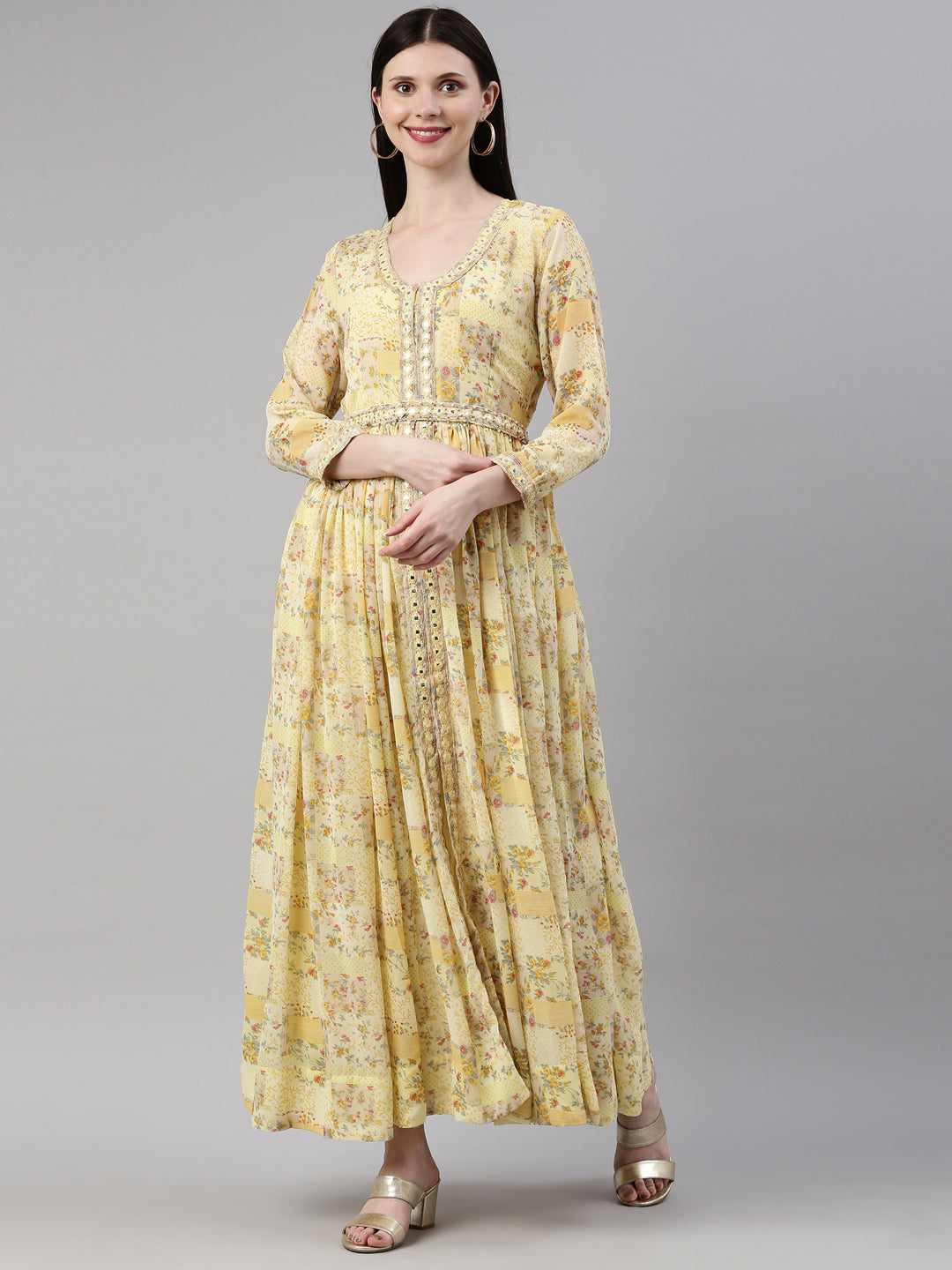 Neerus Yellow Georgette Gown - detail view 3