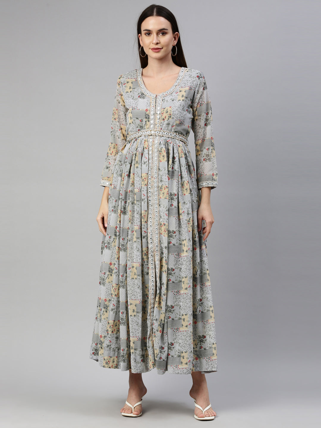 Neerus Grey georgette maxi gown - detail view 6