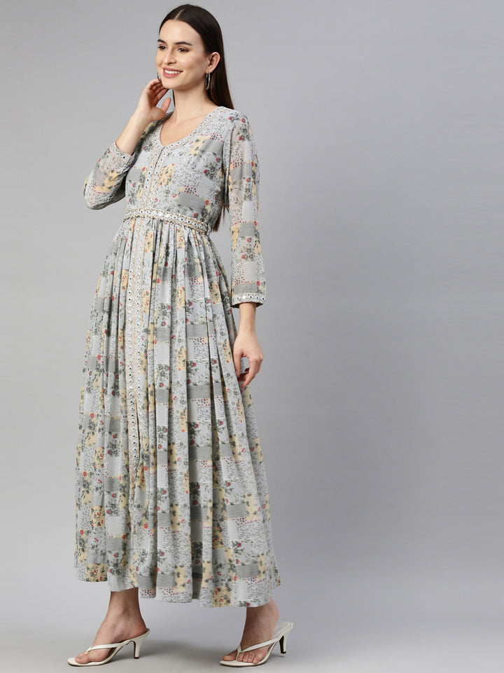 Neerus Grey georgette maxi gown - side view