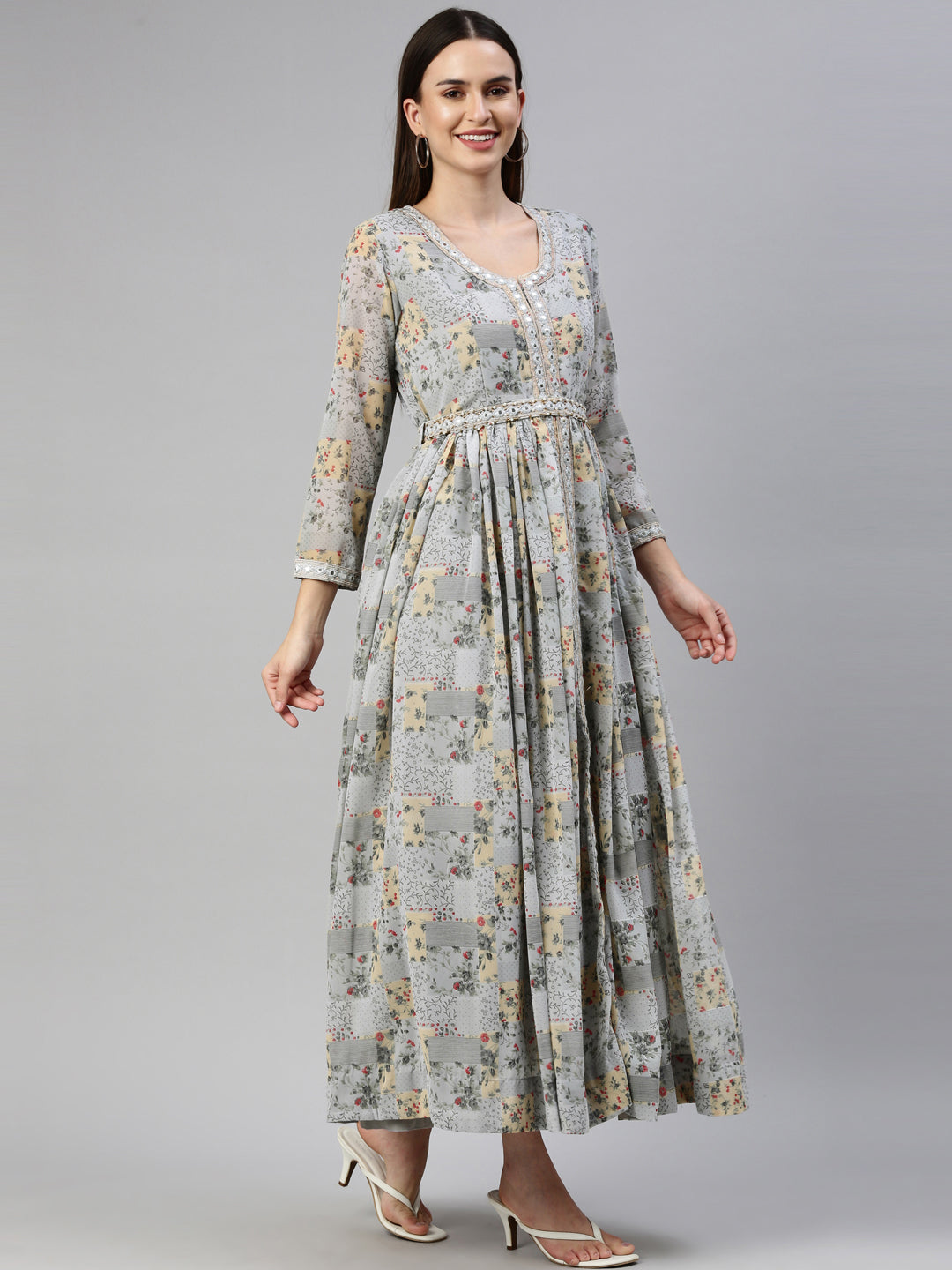 Neerus Grey georgette maxi gown - detail view 1