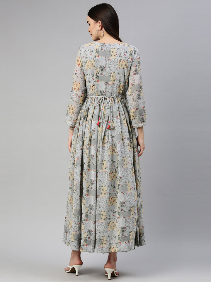 Neerus Grey georgette maxi gown - detail view 2