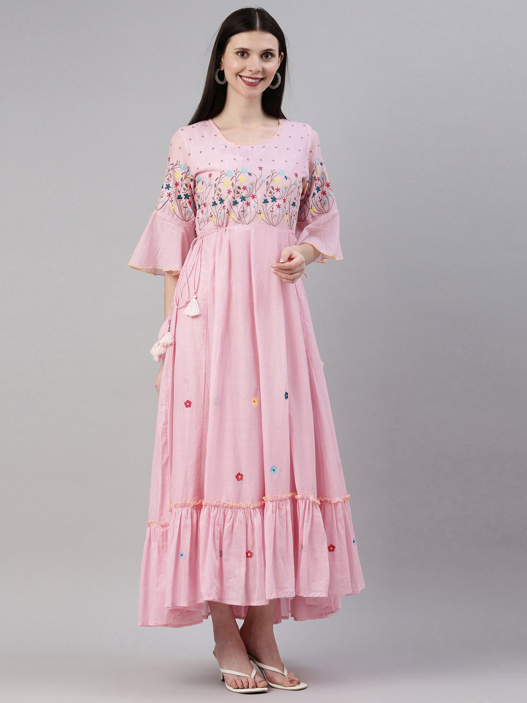 Neerus Pink cotton solid kurti - front view
