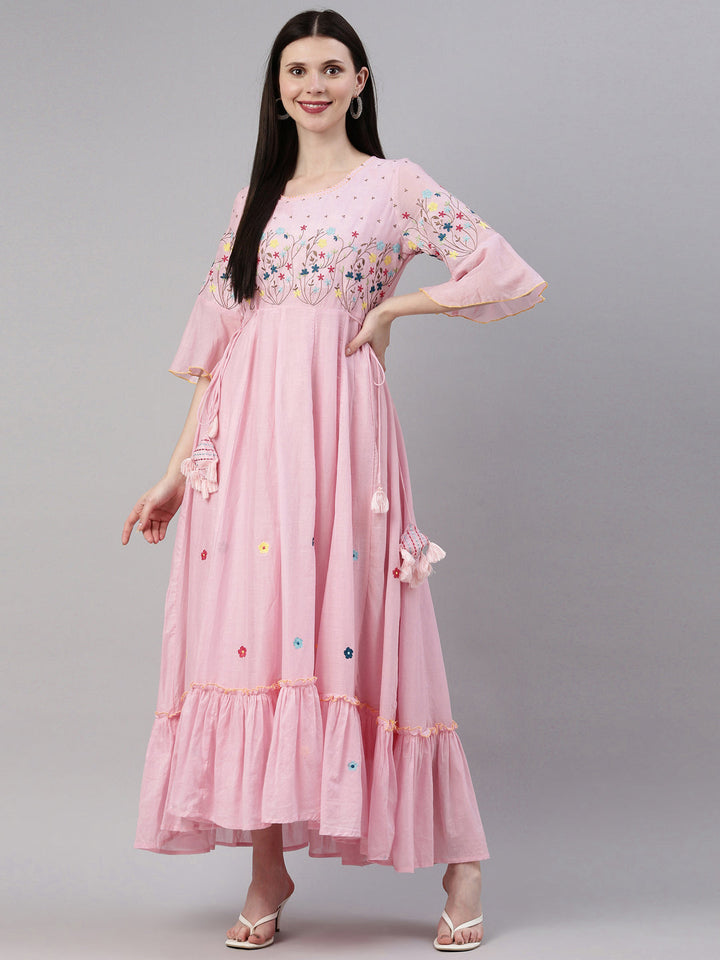 Neerus Pink cotton solid kurti - detail view 3