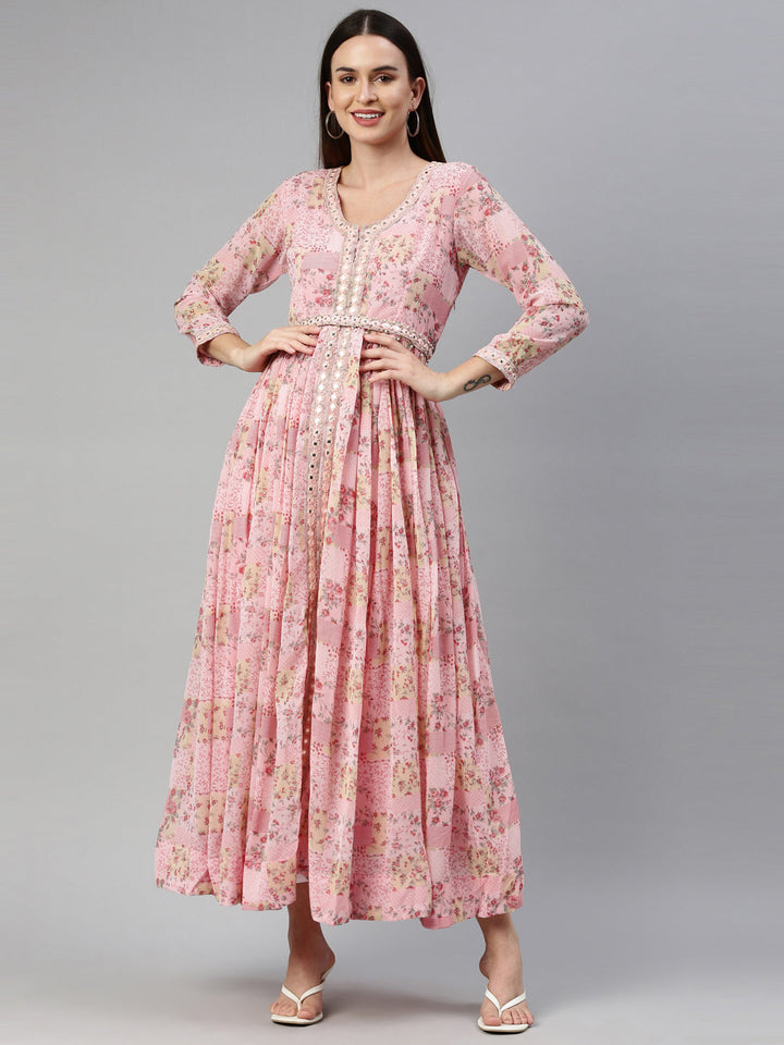 Neerus Pink georgette maxi gown - detail view 6