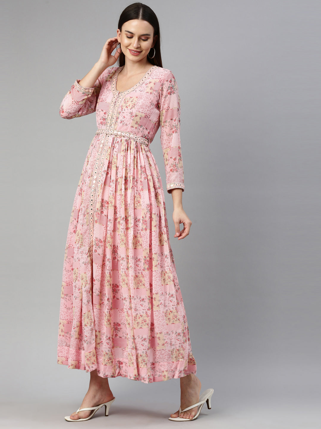 Neerus Pink georgette maxi gown - side view