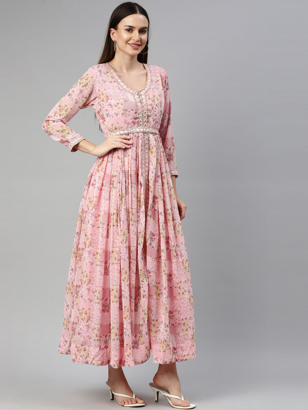 Neerus Pink georgette maxi gown - detail view 1